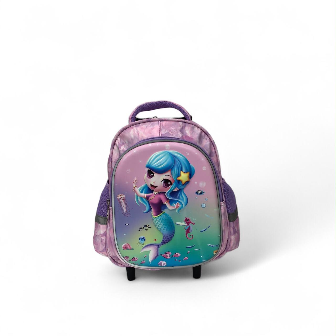 Mermaid character trolley backpack with rounded wheels and purple top handle